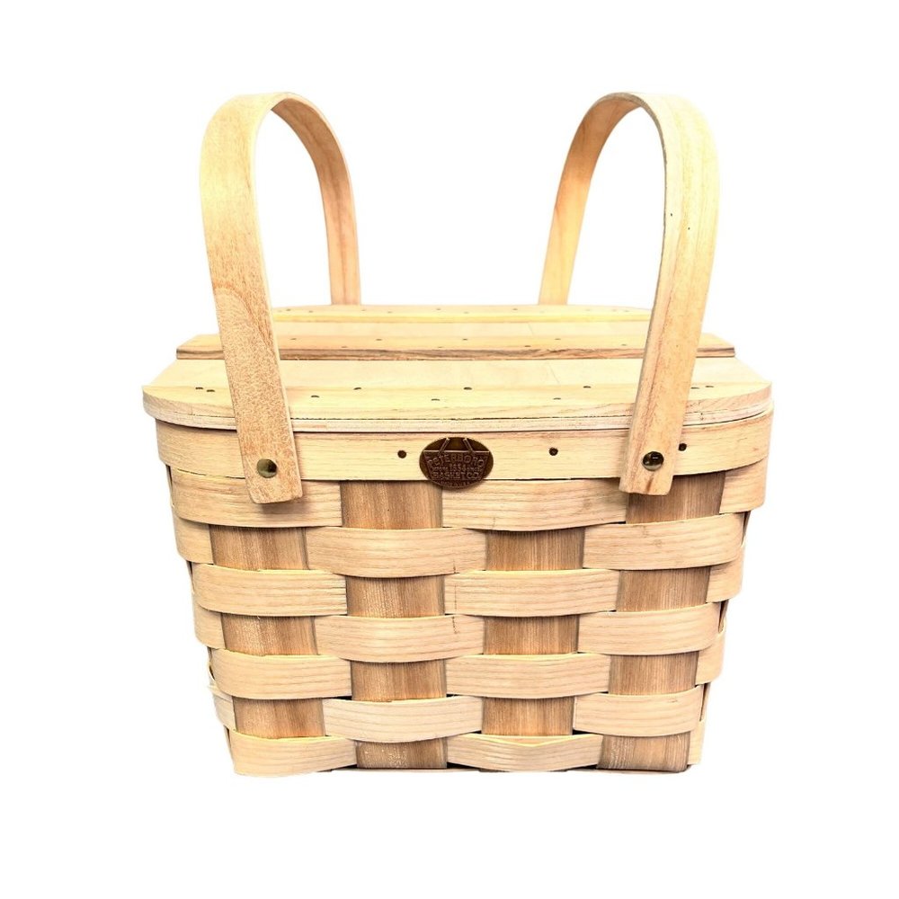 Peterboro Picnic Basket Natural Wood Riser Inside Woven Double Handles Logo